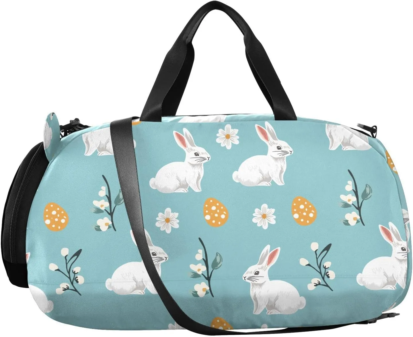 VIGTRO White Rabbit Eggs Flower Kids Overnight Travel Duffel Bag Sport Gym Bag for Boys Girls with Shoe Compartment, Easter Carry On Weekender Luggage Bag for Dance Swim Yoga
