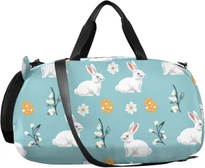 VIGTRO White Rabbit Eggs Flower Kids Overnight Travel Duffel Bag Sport Gym Bag for Boys Girls with Shoe Compartment, Easter Carry On Weekender Luggage Bag for Dance Swim Yoga