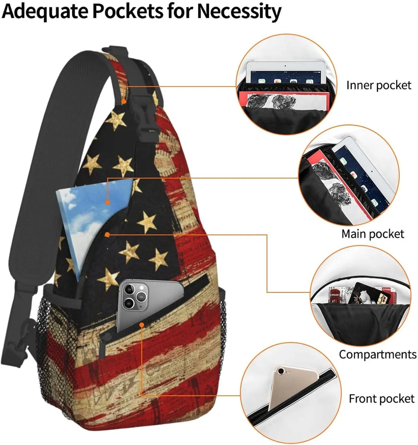 Vintage American Flag Sling Bag Lightweight Sling Backpack Crossbody Bag for Men Women Casual Shoulder Daypack Anti Theft Purse Crossbody Fanny Pack Travel Hiking Gym Sports