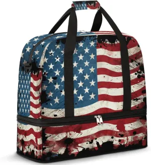Vintage American Flag Travel Duffel Bag for Women Men, 4th of July USA Flas Sports Gym Bag with Shoes Compartment Foldable Overnight Bag Weekender Tote Workout Carry On Luggage Bag
