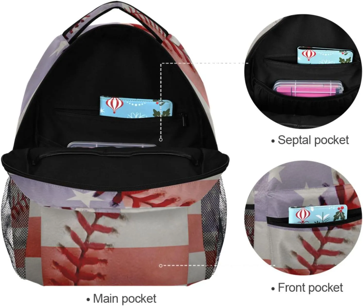 Vintage Baseball American Flag Backpacks USA Old Softball Sport School Travel Book College Shoulder Bag for Women Girls Men Boys