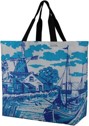 Vintage Blue Nederland Dutch Windmill Delft Large Totes Bag Women's Casual Purses Work Handbags Shopping Bag