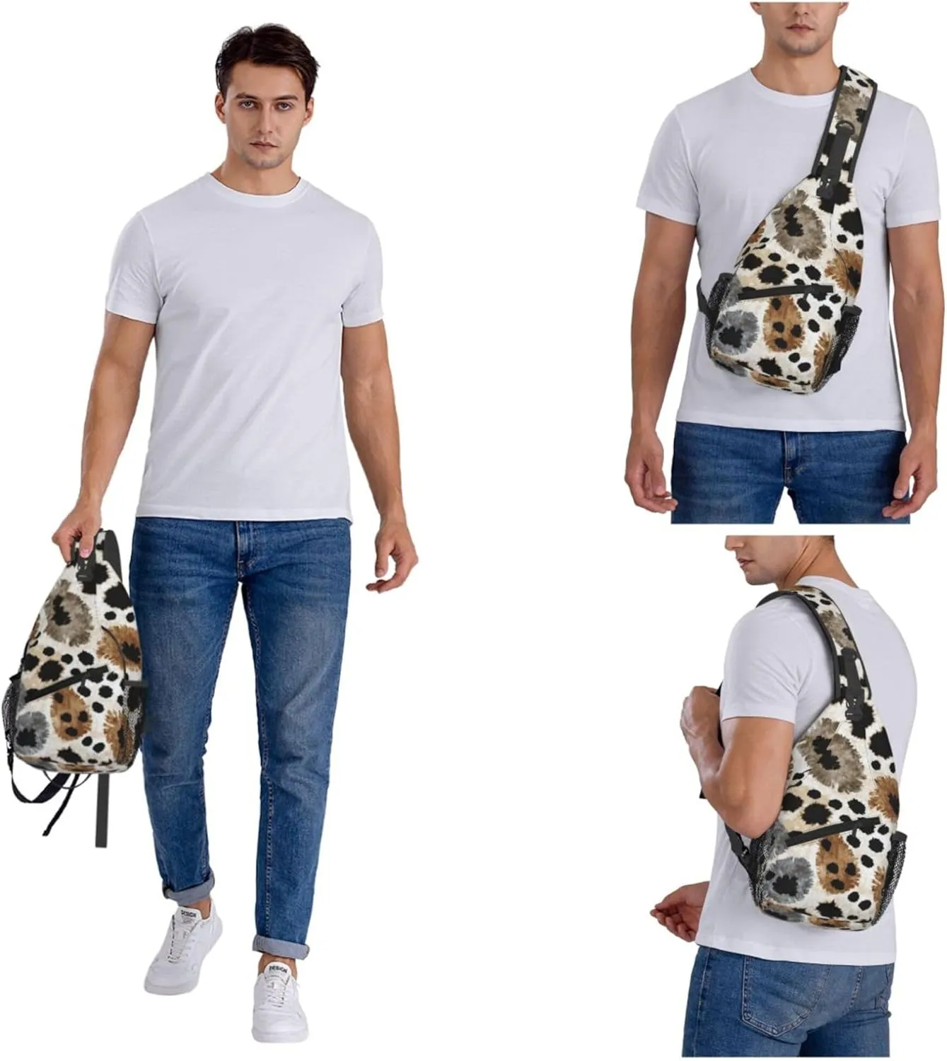 Vintage Leopard Pattern Sling Backpack Crossbody Bag, Chest Bag Daypack for Outdoors Hiking Traveling