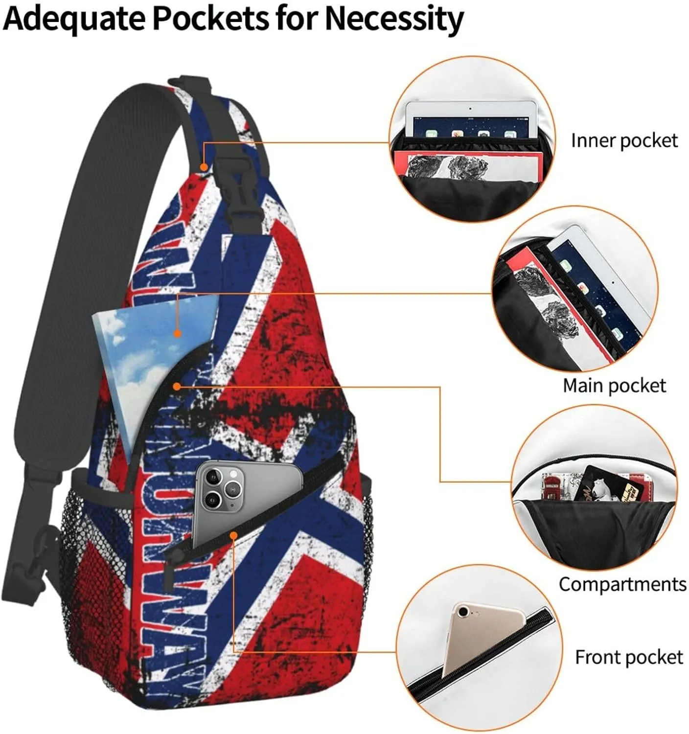 Vintage Norwegian Norway Flag Chest Sling Bag Crossbody Shoulder Backpack Bag Gym Cycling Daypack Travel Hiking Cross Bag