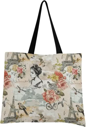 Vintage Parisian Theme Canvas Tote Bag for Women, Reusable Grocery Bag Casual Shoulder Bag for Shopping Travel