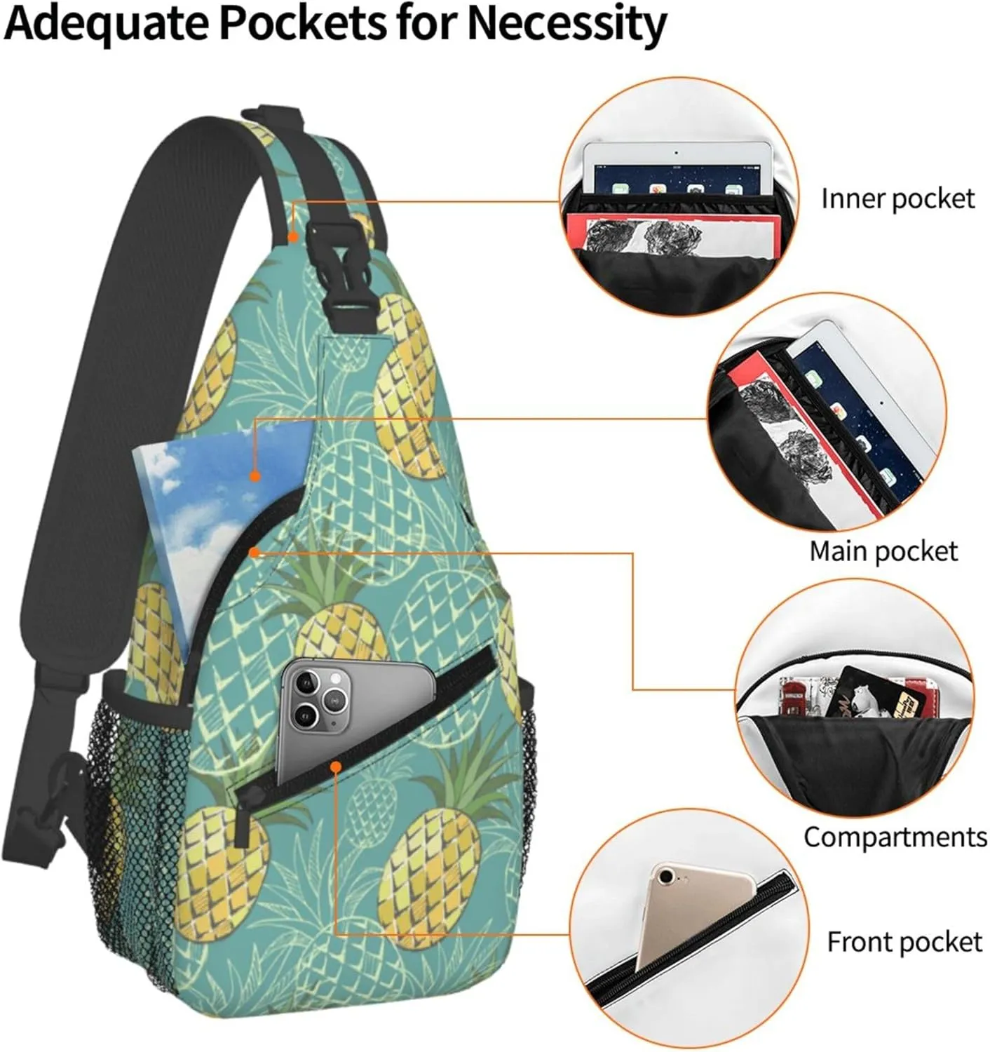 Vintage Pineapple Sling Backpack Crossbody Bag, Chest Bag Daypack for Outdoors Hiking Traveling