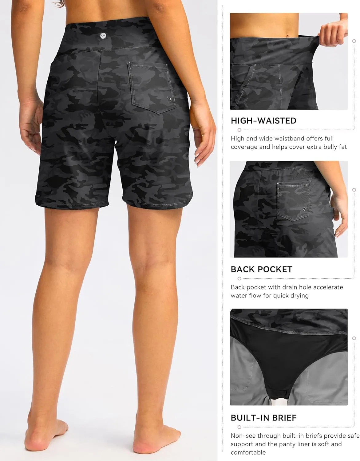 Viodia Women's 9" Long Swim Board Shorts with Pockets High Waisted Beach Swimsuits Knee Length Short for Women with Liner