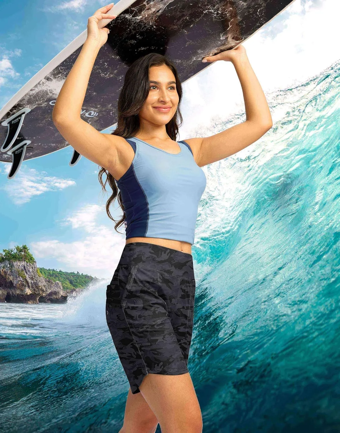 Viodia Women's 9" Long Swim Board Shorts with Pockets High Waisted Beach Swimsuits Knee Length Short for Women with Liner