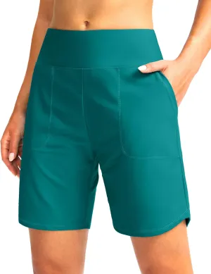 Viodia Women's 9" Long Swim Board Shorts with Pockets High Waisted Beach Swimsuits Knee Length Short for Women with Liner