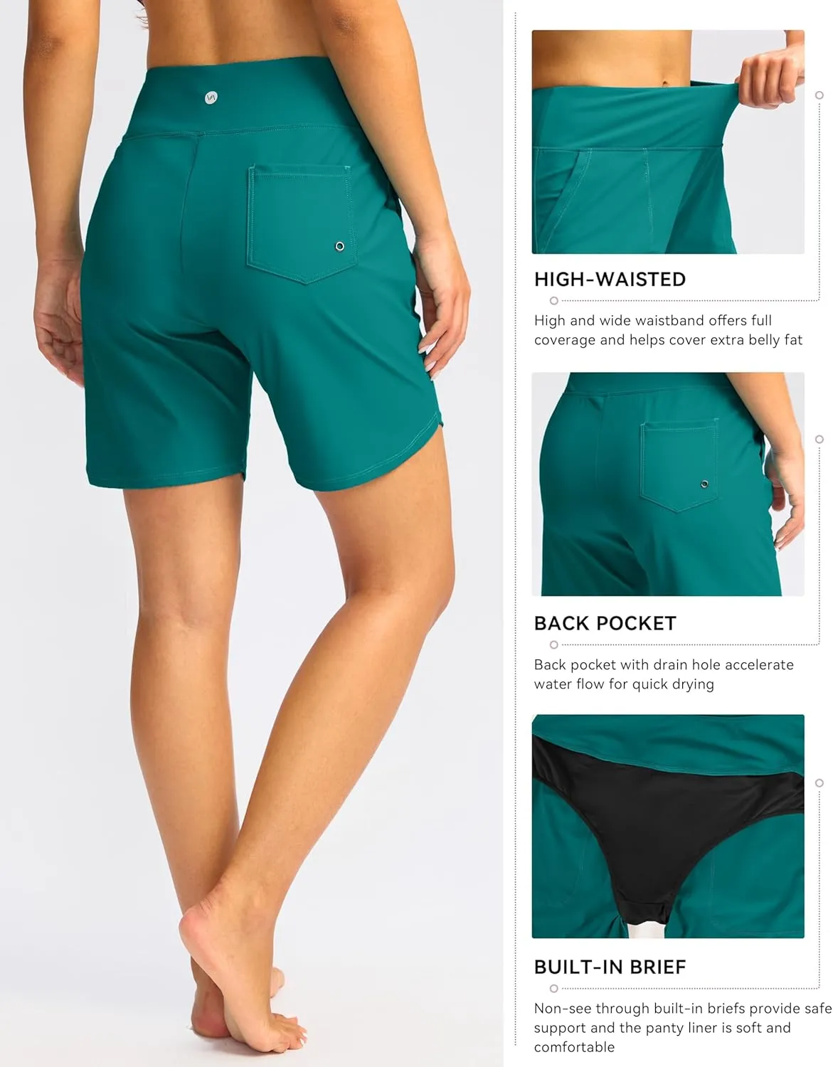 Viodia Women's 9" Long Swim Board Shorts with Pockets High Waisted Beach Swimsuits Knee Length Short for Women with Liner