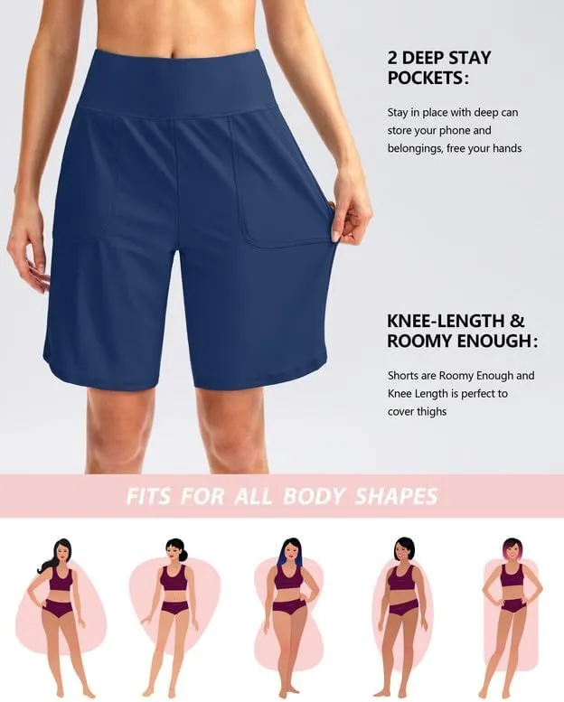Viodia Women's 9" Long Swim Board Shorts with Pockets High Waisted Beach Swimsuits Knee Length Short for Women with Liner