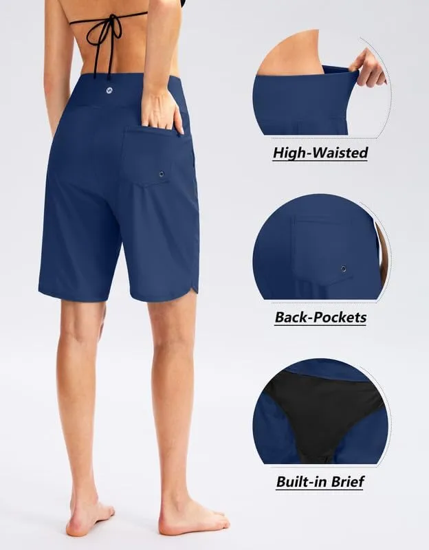 Viodia Women's 9" Long Swim Board Shorts with Pockets High Waisted Beach Swimsuits Knee Length Short for Women with Liner