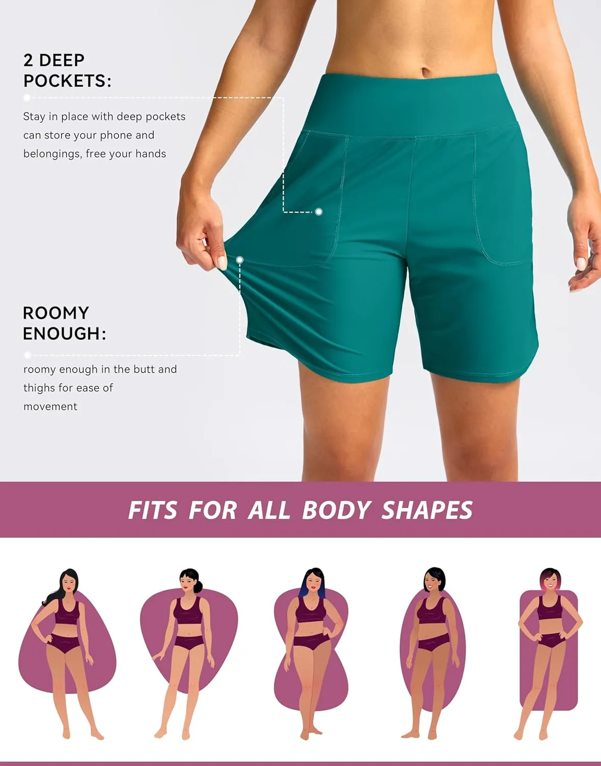 Viodia Women's 9" Long Swim Board Shorts with Pockets High Waisted Beach Swimsuits Knee Length Short for Women with Liner