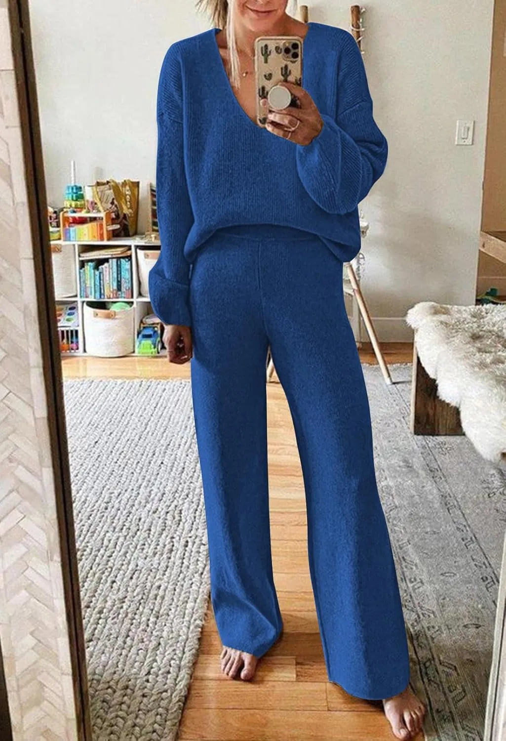 Viottiset Women's 2 Piece Outfits Casual V Neck Knit Wide Leg Sweater Lounge Set Sweatsuit