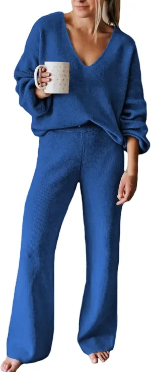 Viottiset Women's 2 Piece Outfits Casual V Neck Knit Wide Leg Sweater Lounge Set Sweatsuit