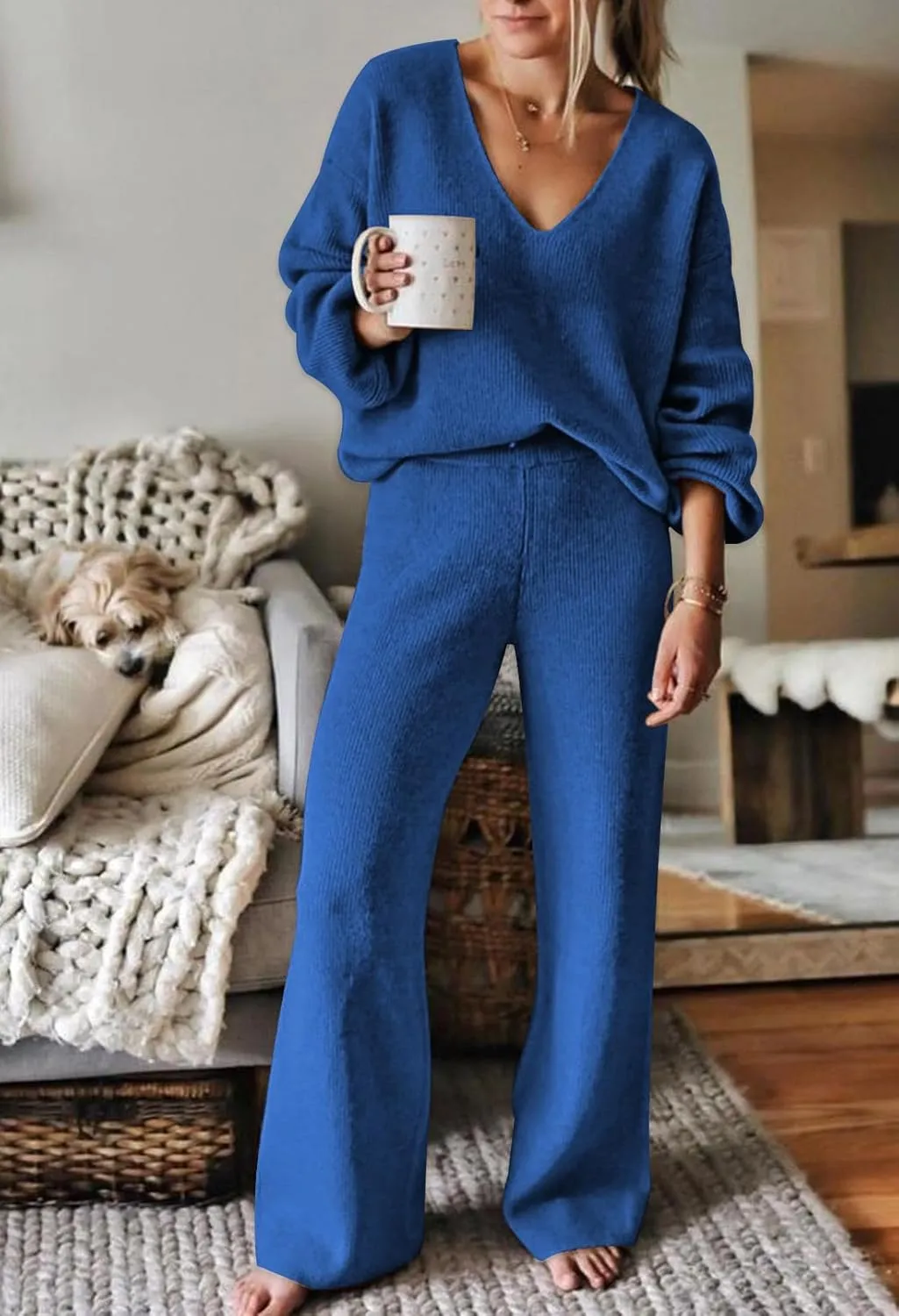 Viottiset Women's 2 Piece Outfits Casual V Neck Knit Wide Leg Sweater Lounge Set Sweatsuit
