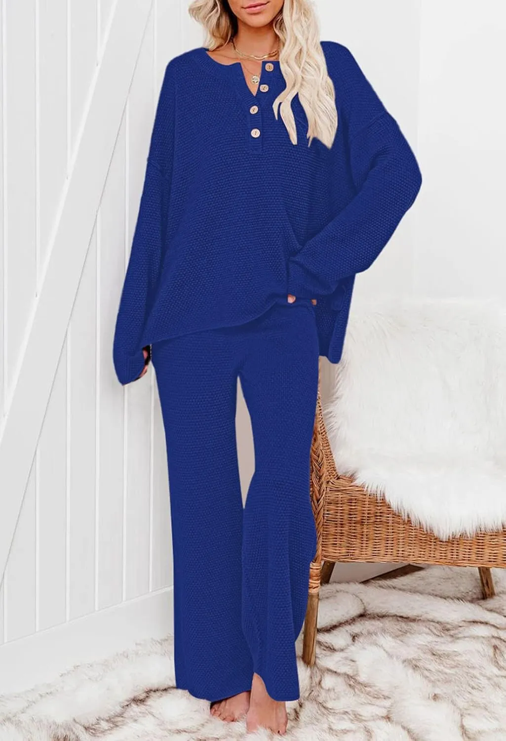Viottiset Women's 2 Piece Outfits Sweatsuit Knit Long Sleeve Sweater Wide Leg Pants Loungewear