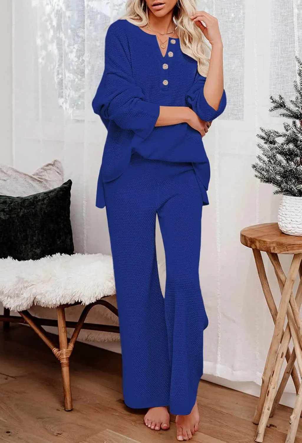 Viottiset Women's 2 Piece Outfits Sweatsuit Knit Long Sleeve Sweater Wide Leg Pants Loungewear