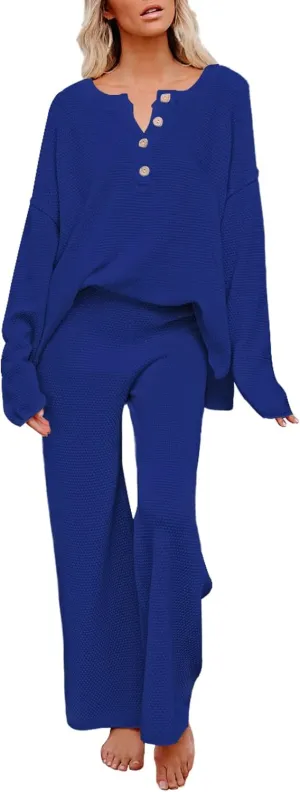 Viottiset Women's 2 Piece Outfits Sweatsuit Knit Long Sleeve Sweater Wide Leg Pants Loungewear