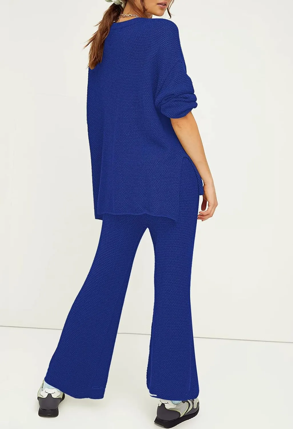 Viottiset Women's 2 Piece Outfits Sweatsuit Knit Long Sleeve Sweater Wide Leg Pants Loungewear