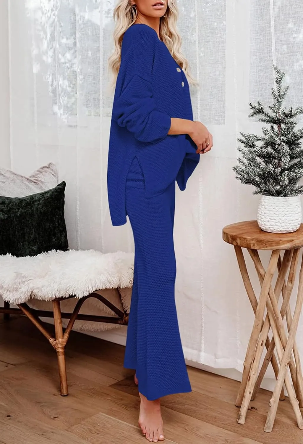 Viottiset Women's 2 Piece Outfits Sweatsuit Knit Long Sleeve Sweater Wide Leg Pants Loungewear
