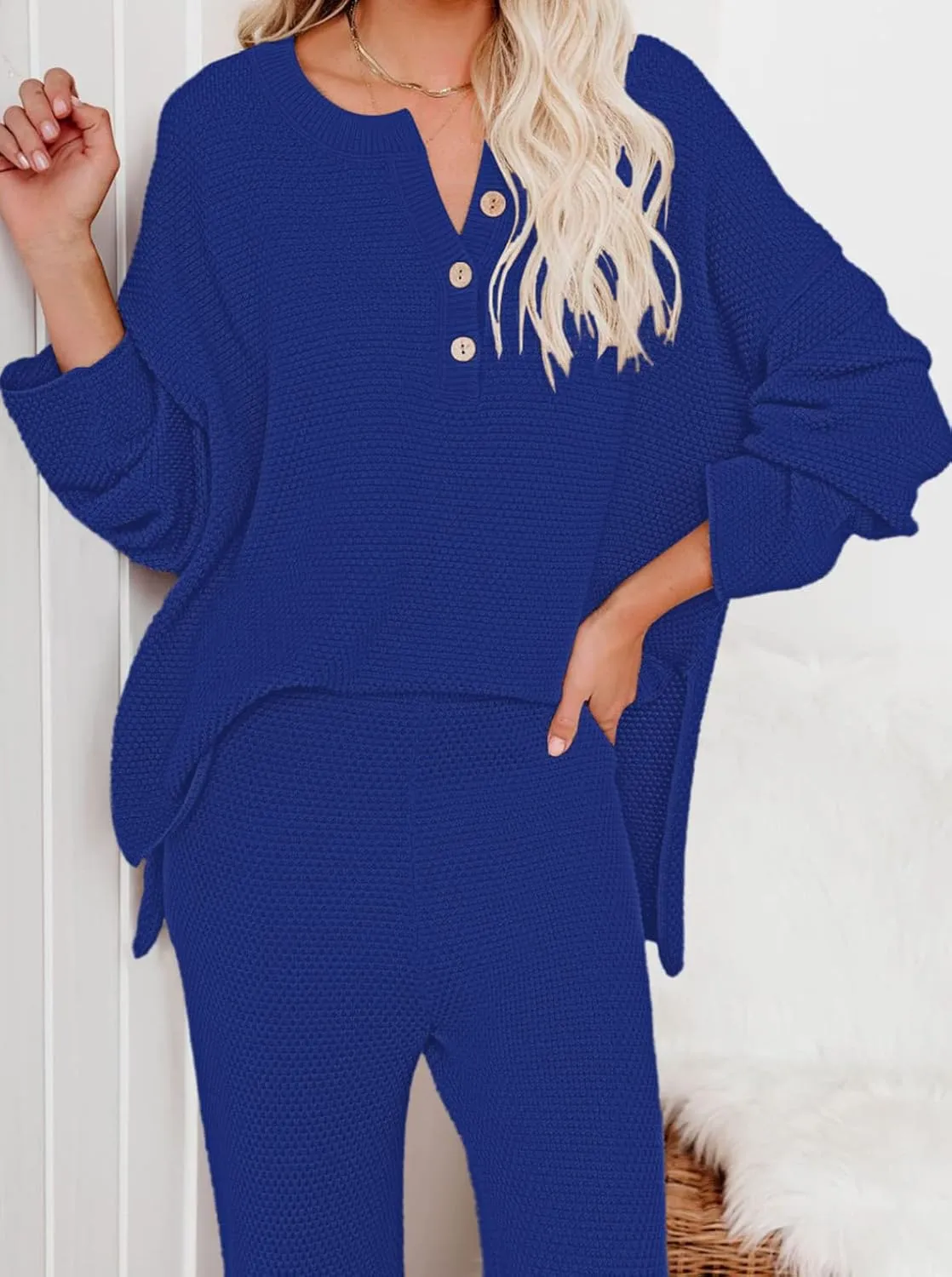 Viottiset Women's 2 Piece Outfits Sweatsuit Knit Long Sleeve Sweater Wide Leg Pants Loungewear