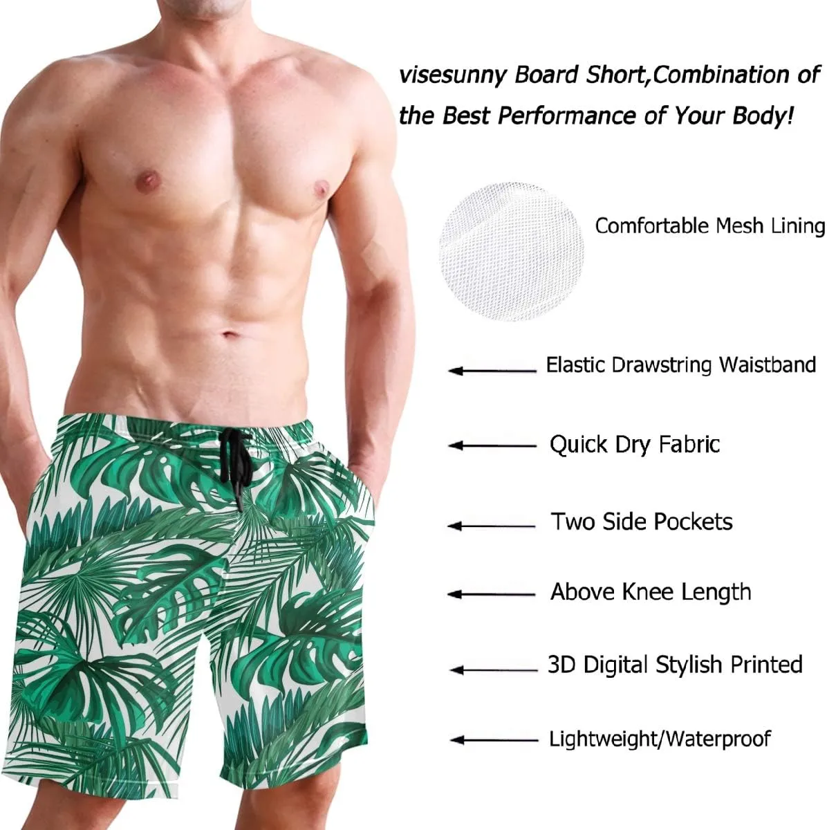 visesunny Hawaiian Men's Summer Beach Shorts Swim Trunks Sports Running Bathing Suits with Mesh Lining