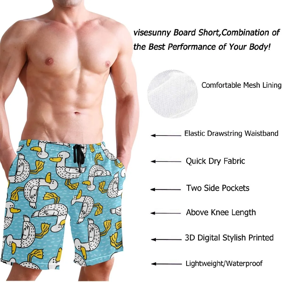 visesunny Hawaiian Men's Summer Beach Shorts Swim Trunks Sports Running Bathing Suits with Mesh Lining