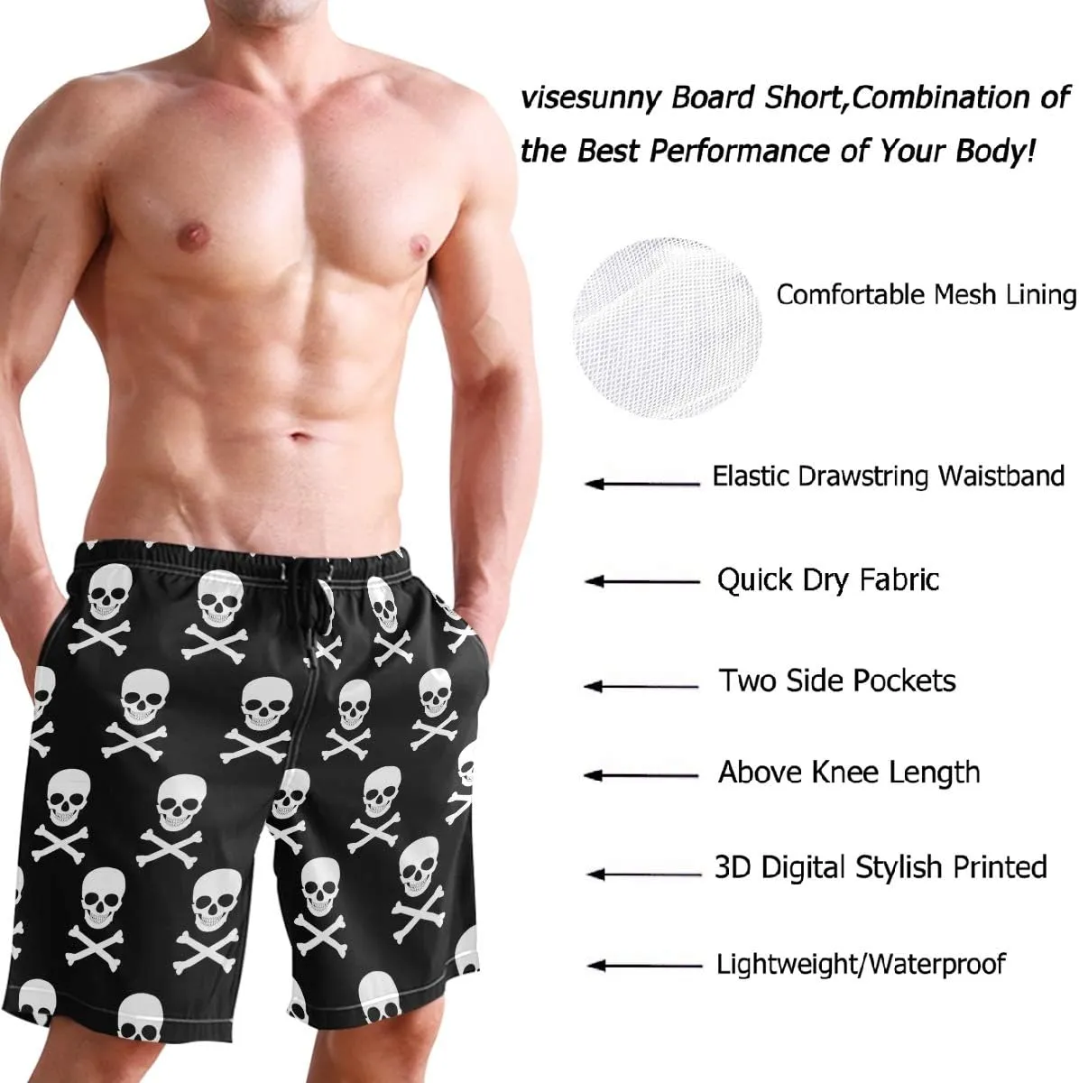 visesunny Mens Funny Swim Trunks Quick Dry Beachwear Sports Running Swim Board Shorts Mesh Lining
