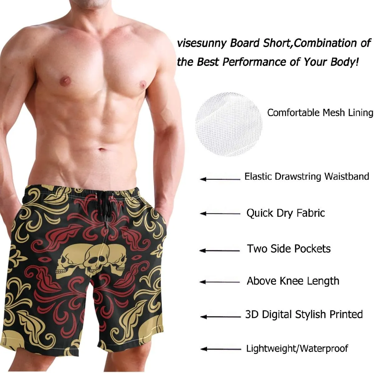 visesunny Men's Novelty Beach Shorts Quick Dry Swimwear Sports Running Swim Board Shorts Bathing Suits Mesh Lining
