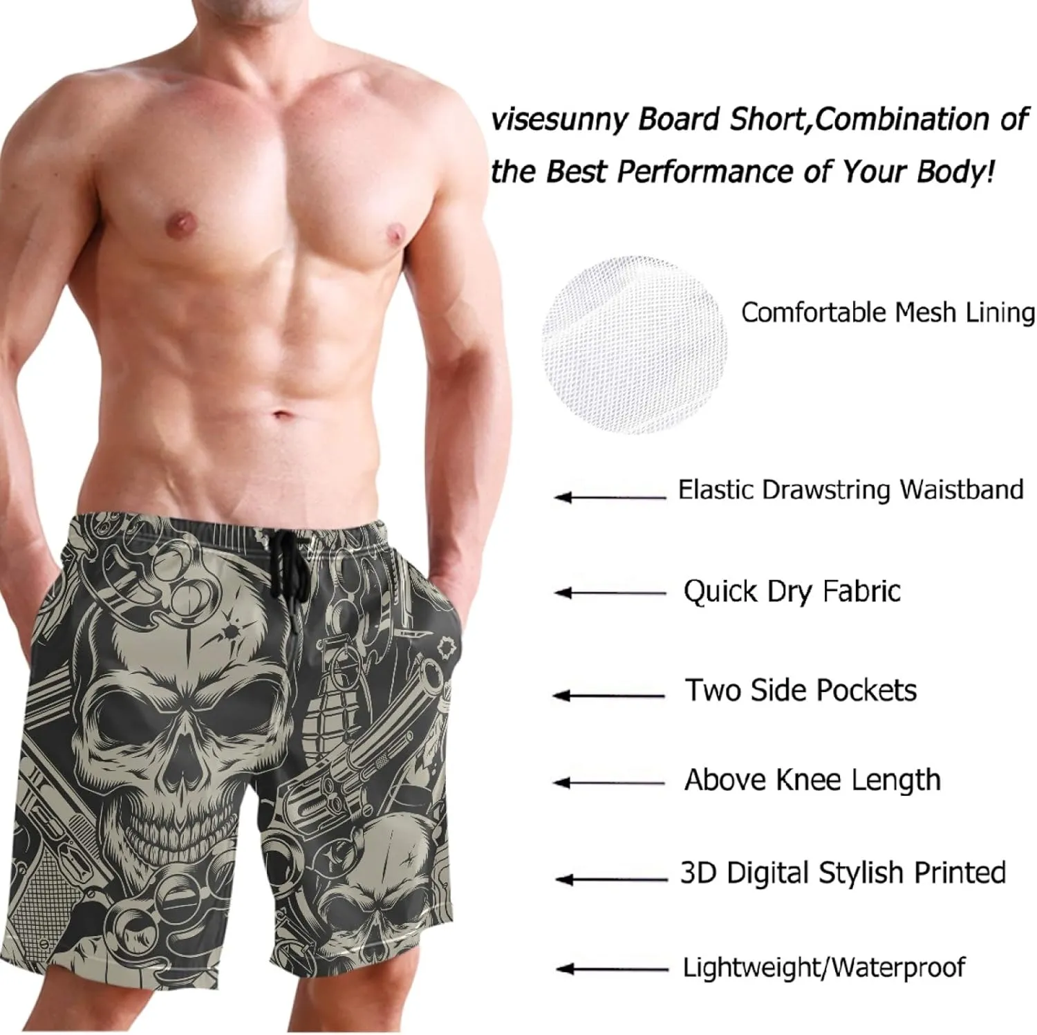 visesunny Men's Novelty Beach Shorts Quick Dry Swimwear Sports Running Swim Board Shorts Bathing Suits Mesh Lining