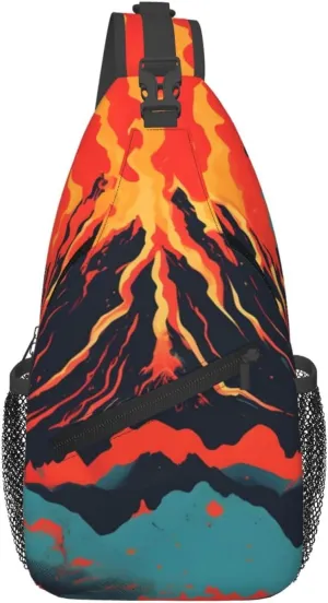Volcano print Sling Bag Sport Hiking Daypack Crossbody Shoulder Backpack Chest Bag Men Women