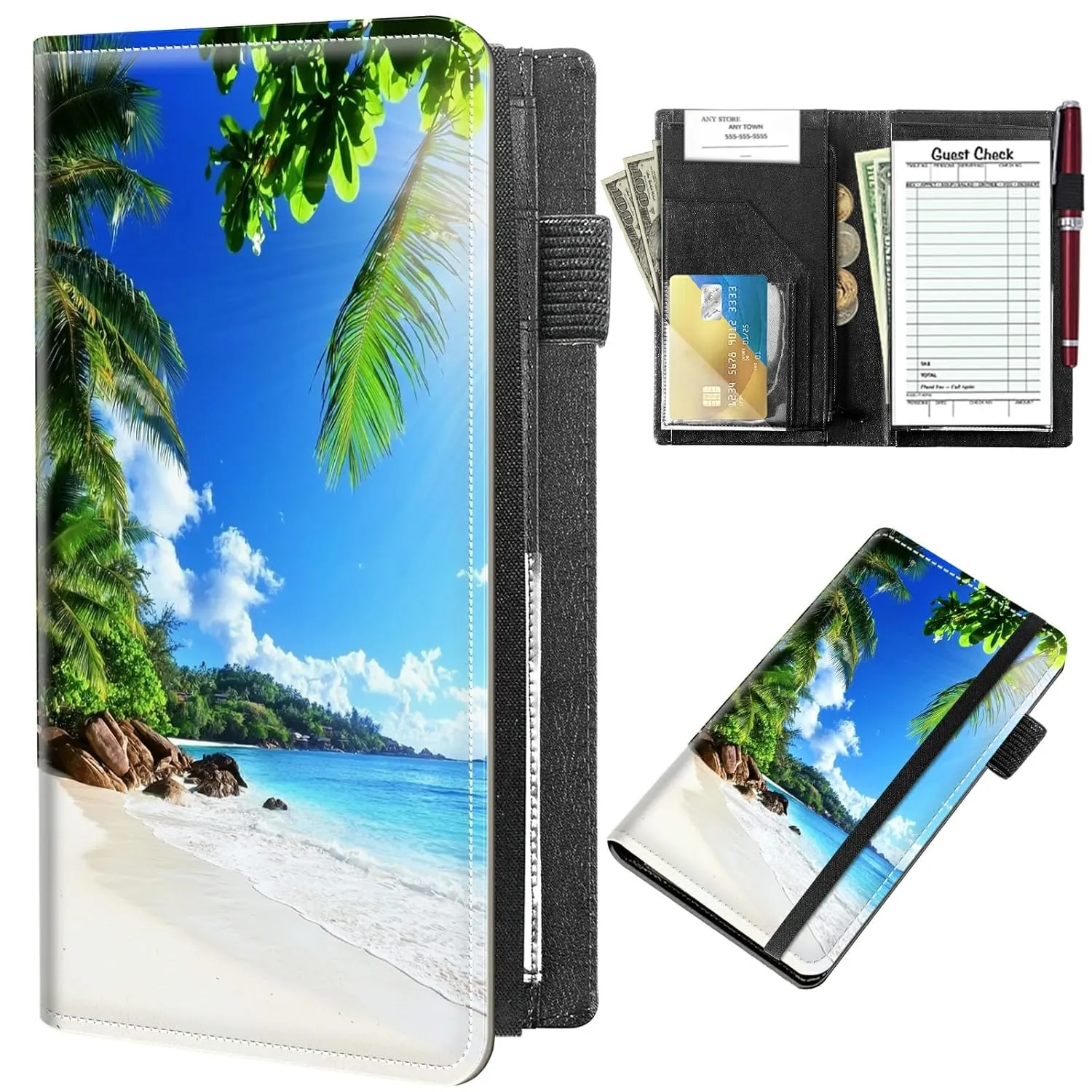 Waiter Book Server Wallet-9 x 5" PU Leather Waitress Book with Zipper,Check Holder & Money Pockets-Multi-Pocket Organizer for Bills,Cards,Pens (Fits Server Apron)-Beautiful Beach