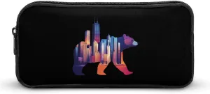 Walking Bear Silhouette Chicagos City Skyline Pencil Case Cute Pen Pouch Cosmetic Bag Pecil Box Organizer for Travel Office