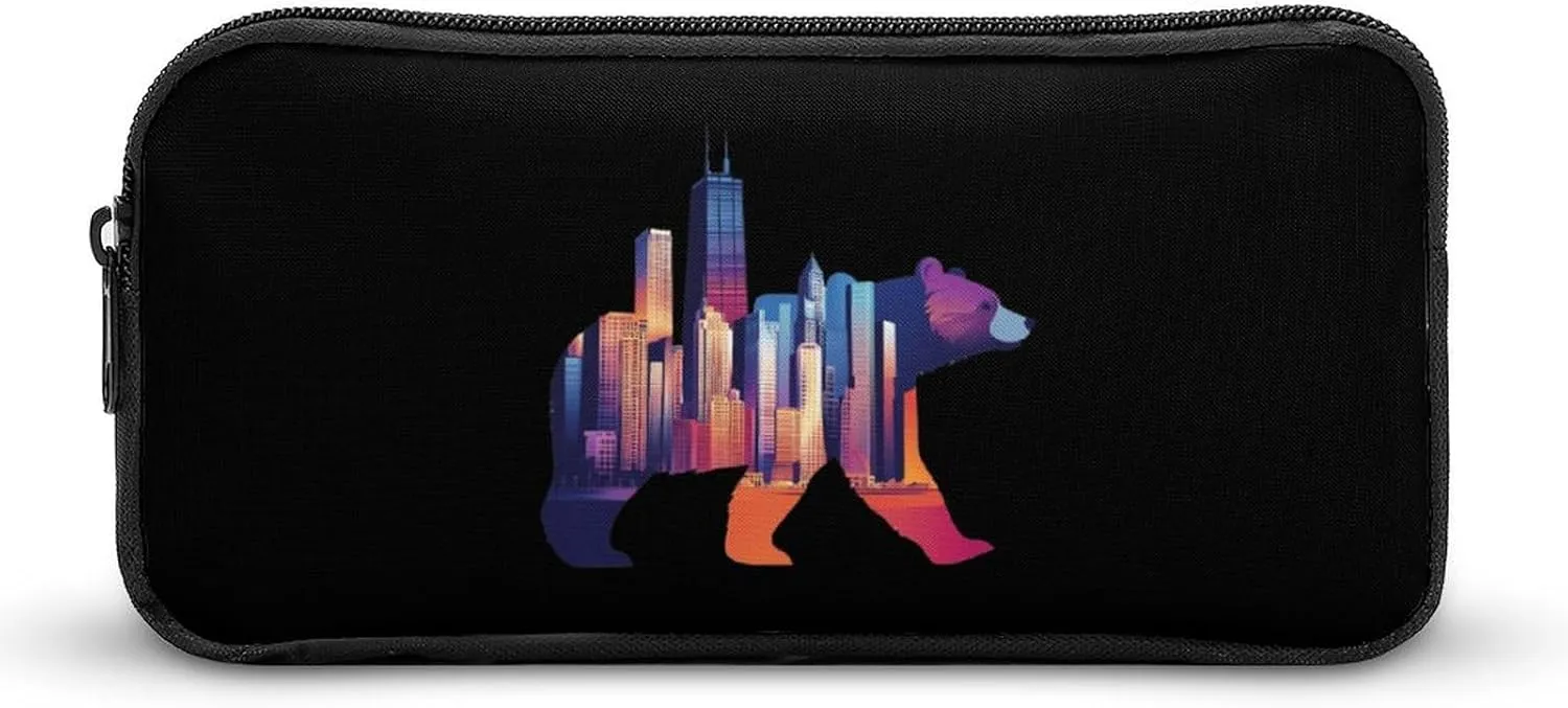 Walking Bear Silhouette Chicagos City Skyline Pencil Case Cute Pen Pouch Cosmetic Bag Pecil Box Organizer for Travel Office