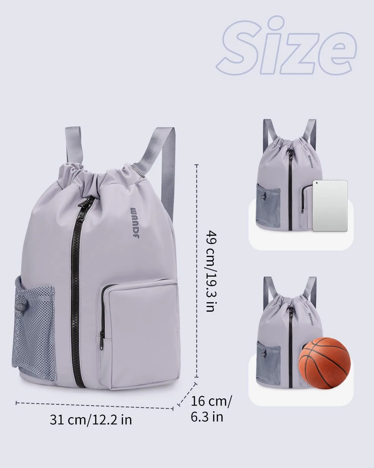 WANDF Drawstring Backpack Sports Gym Bag with Shoes Compartment, Water-Resistant String Beach Sackpack Swim Bag for Women and Men (Grey)