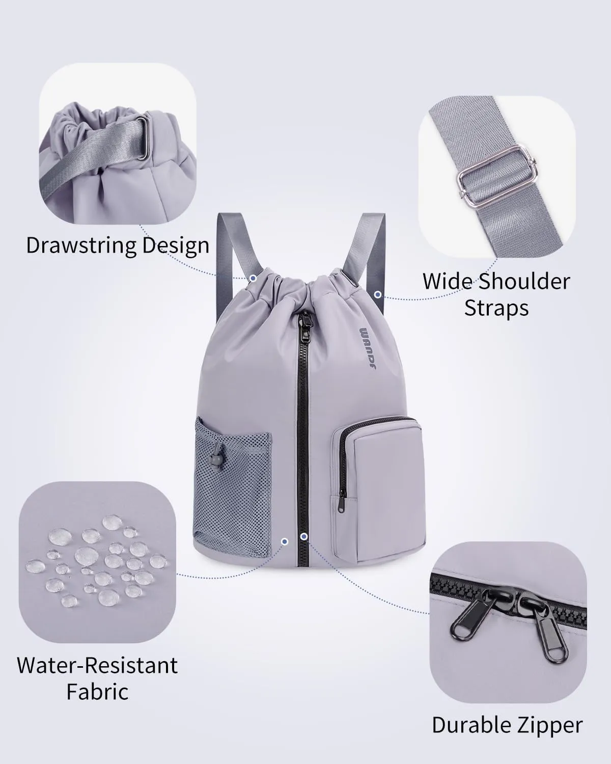 WANDF Drawstring Backpack Sports Gym Bag with Shoes Compartment, Water-Resistant String Beach Sackpack Swim Bag for Women and Men (Grey)