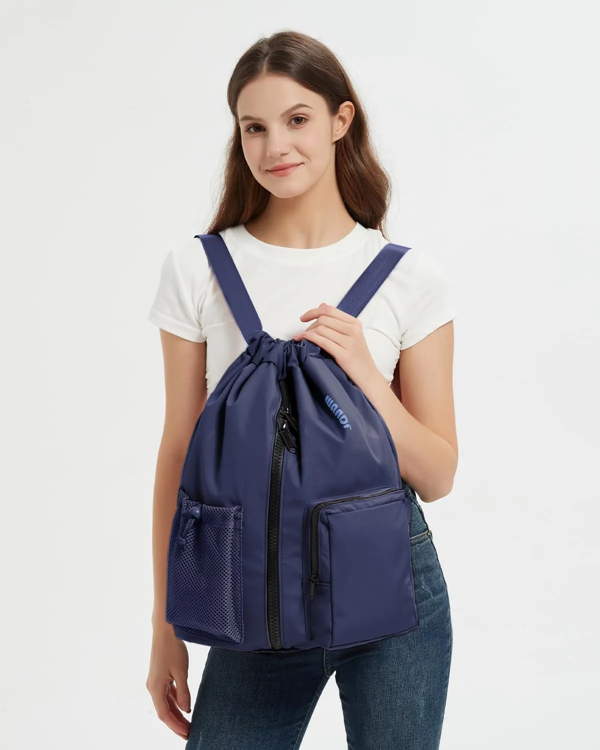WANDF Drawstring Backpack Sports Gym Bag with Shoes Compartment, Water-Resistant String Beach Sackpack Swim Bag for Women and Men (Navy Blue)