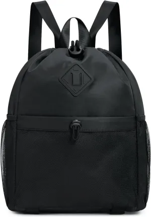 WANDF Drawstring Backpack Sports Gym Bag with Yoga Mat Strap, Water-Resistant String Backpack Cinch Bag with Mesh Pocket for Women Men (Black, Patent Pending)