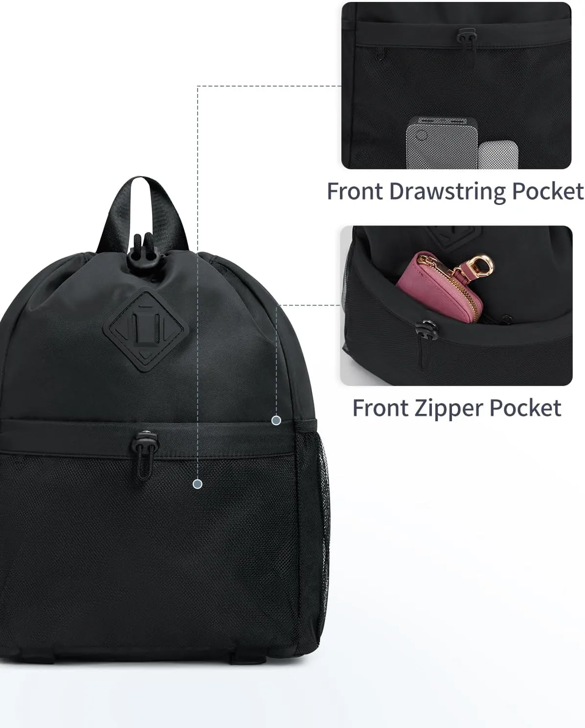WANDF Drawstring Backpack Sports Gym Bag with Yoga Mat Strap, Water-Resistant String Backpack Cinch Bag with Mesh Pocket for Women Men (Black, Patent Pending)