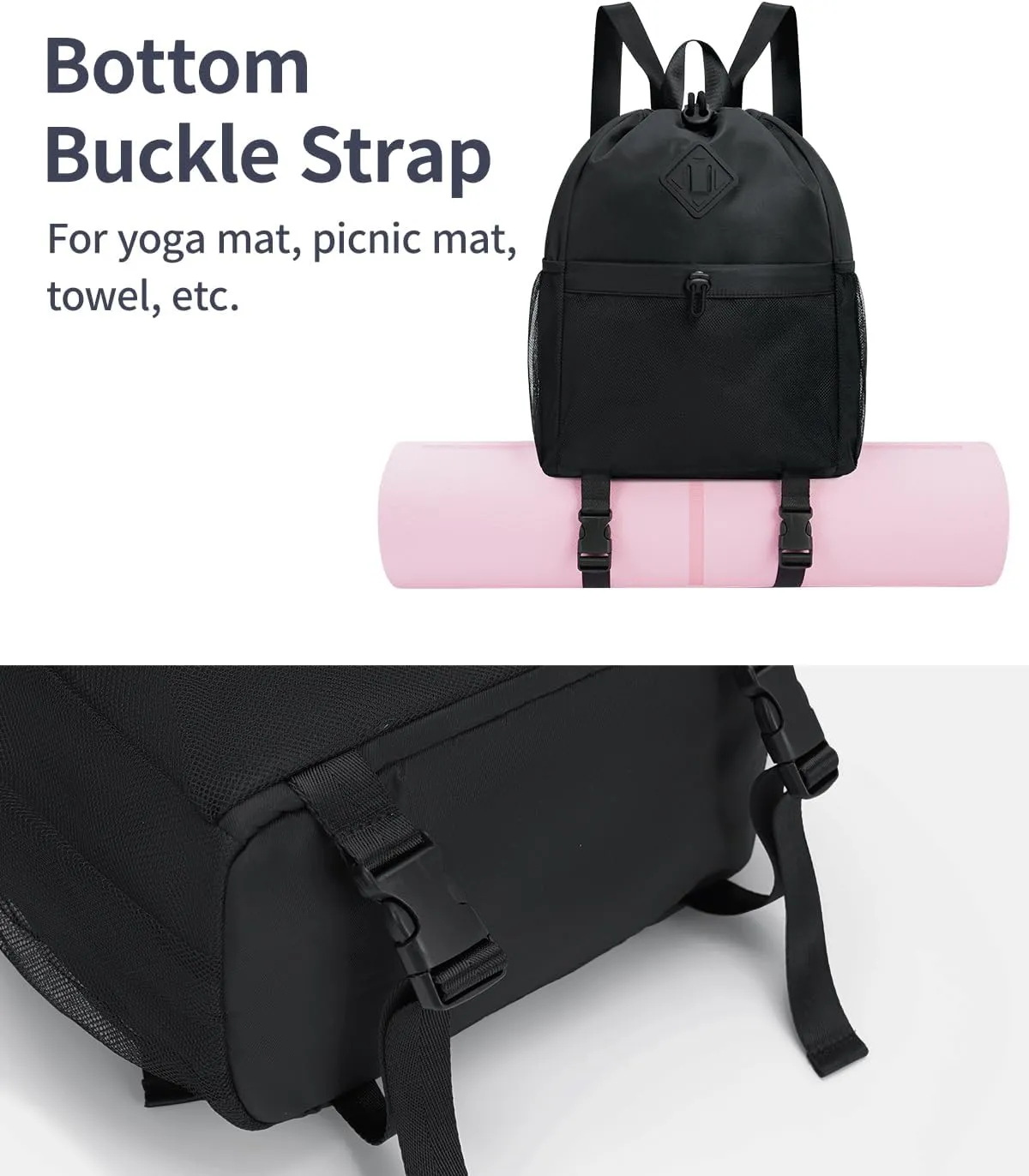 WANDF Drawstring Backpack Sports Gym Bag with Yoga Mat Strap, Water-Resistant String Backpack Cinch Bag with Mesh Pocket for Women Men (Black, Patent Pending)