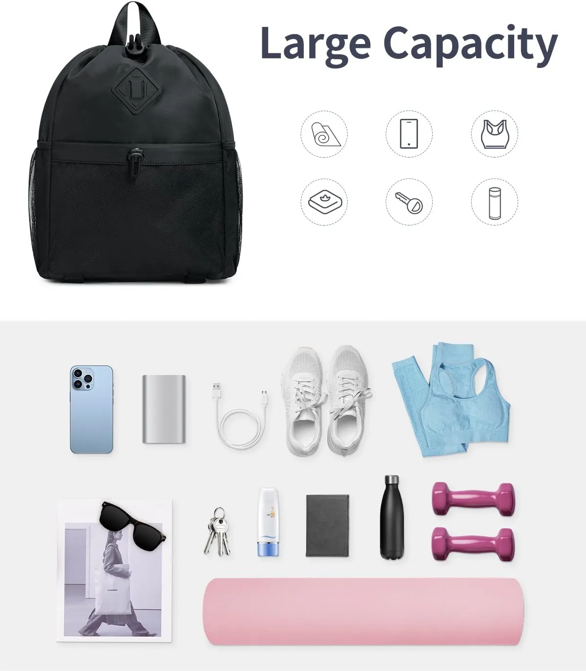 WANDF Drawstring Backpack Sports Gym Bag with Yoga Mat Strap, Water-Resistant String Backpack Cinch Bag with Mesh Pocket for Women Men (Black, Patent Pending)