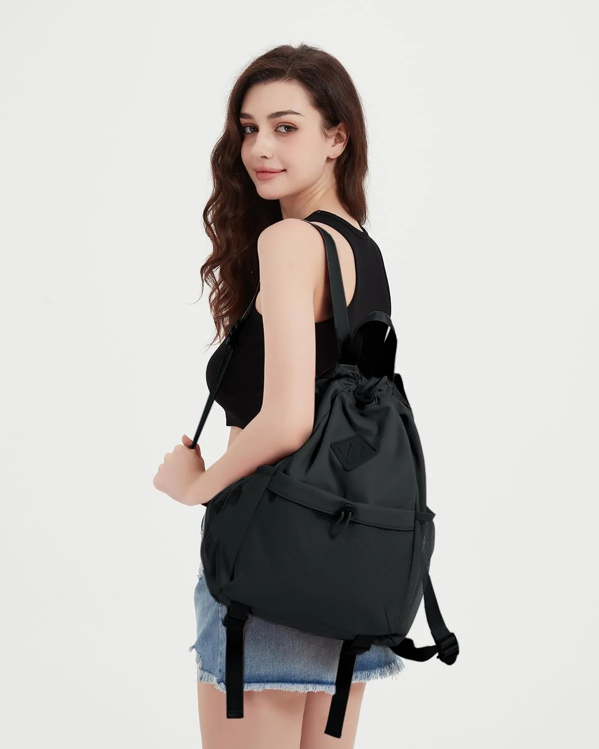 WANDF Drawstring Backpack Sports Gym Bag with Yoga Mat Strap, Water-Resistant String Backpack Cinch Bag with Mesh Pocket for Women Men (Black, Patent Pending)