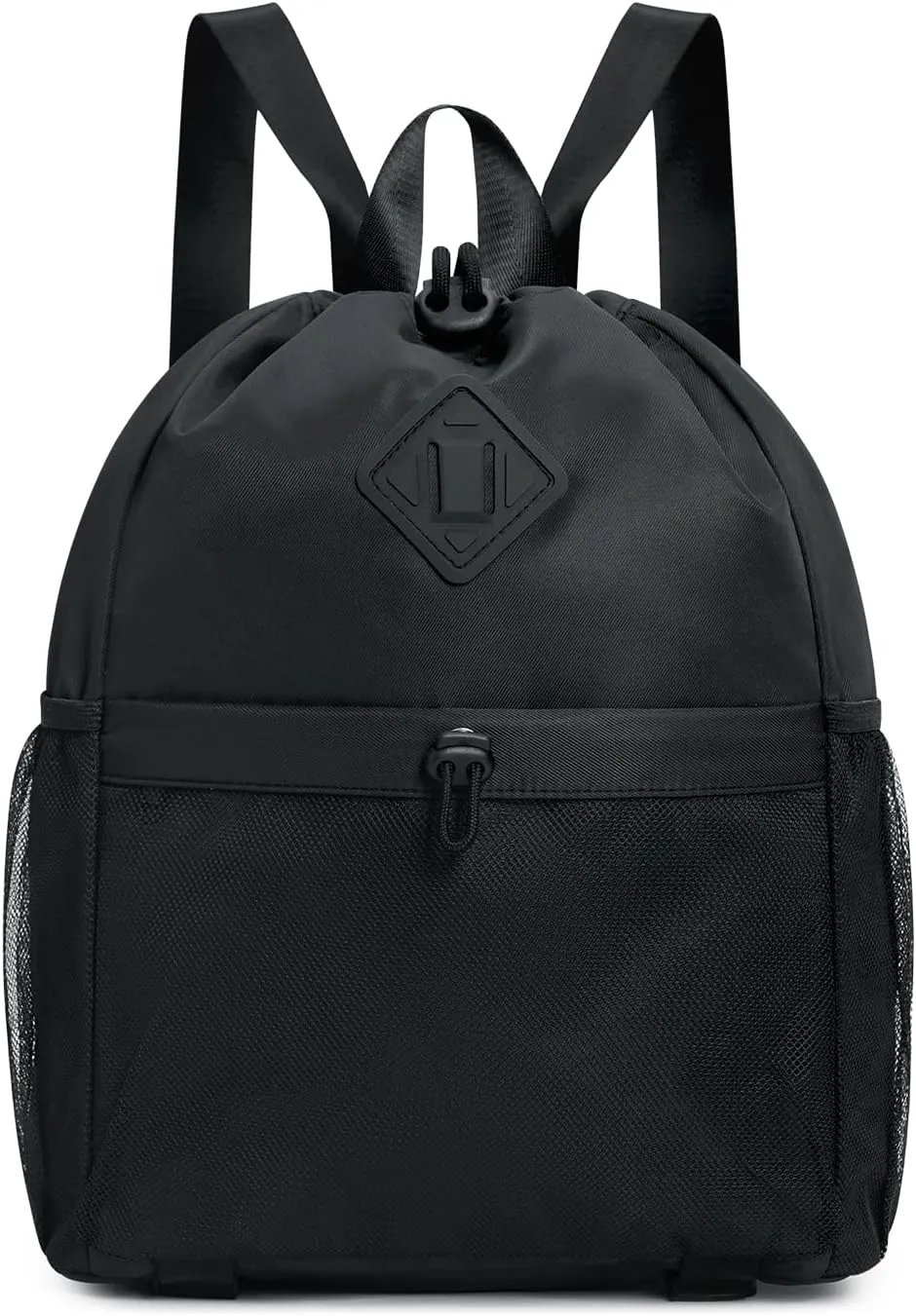 WANDF Drawstring Backpack Sports Gym Bag with Yoga Mat Strap, Water-Resistant String Backpack Cinch Bag with Mesh Pocket for Women Men (Black, Patent Pending)