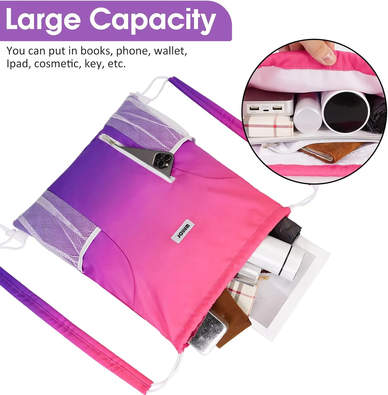 WANDF Drawstring Backpack with Shoulder Pad Sports Gym Backpack with Mesh Pocket String Bag for Women Men(Rose Gradient)