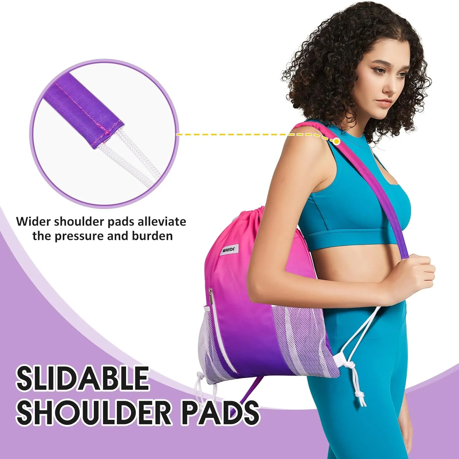 WANDF Drawstring Backpack with Shoulder Pad Sports Gym Backpack with Mesh Pocket String Bag for Women Men(Rose Gradient)