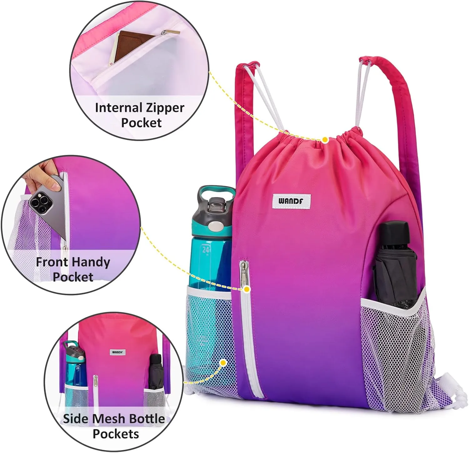 WANDF Drawstring Backpack with Shoulder Pad Sports Gym Backpack with Mesh Pocket String Bag for Women Men(Rose Gradient)