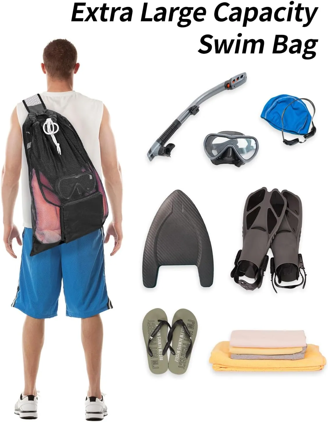 WANDF Swim Bag Foldable Mesh Drawstring Bag with Quick-dry Shoulder Strap Beach Backpack with Wet Pocket for Swimming, Gym, and Workout Gear (Black Patent Pending)