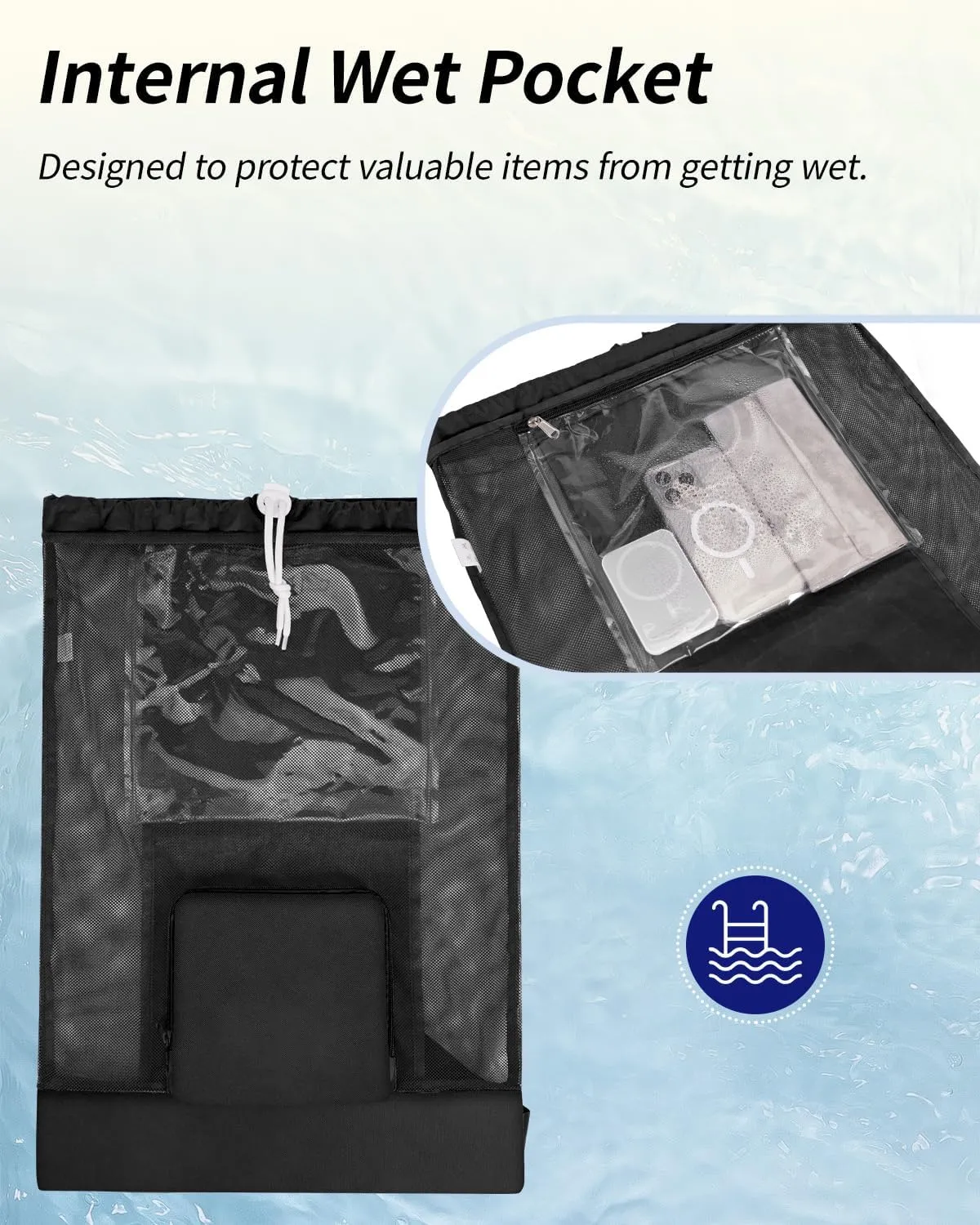 WANDF Swim Bag Foldable Mesh Drawstring Bag with Quick-dry Shoulder Strap Beach Backpack with Wet Pocket for Swimming, Gym, and Workout Gear (Black Patent Pending)