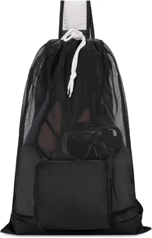 WANDF Swim Bag Foldable Mesh Drawstring Bag with Quick-dry Shoulder Strap Beach Backpack with Wet Pocket for Swimming, Gym, and Workout Gear (Black Patent Pending)